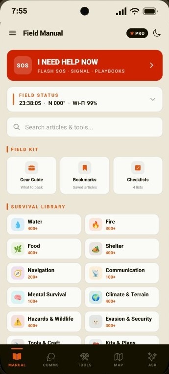 Field Manual home. SOS I Need Help Now, Field Status, search, Field Kit tiles for Gear Guide, Bookmarks, and Checklists, and a Survival Library grid starting with Water and Fire.