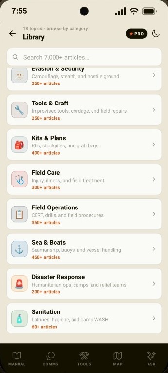 Library screen listing 18 topics to browse by category, including Evasion and Security, Tools and Craft, Kits and Plans, Field Care, Field Operations, Sea and Boats, Disaster Response, and Sanitation.