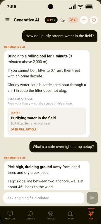 Ask screen in Generative AI mode. User asks how to purify stream water and how to camp overnight. Replies cover boiling, filtering, and a tarp setup, with a related water article card.