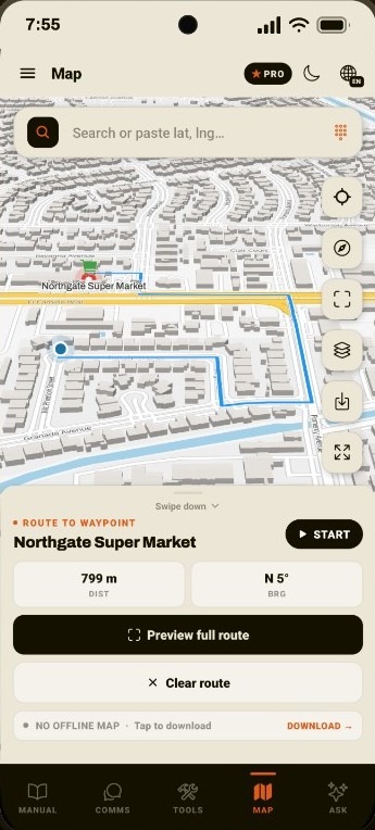 Map screen routing to Northgate Super Market. Blue road path, 799 m remaining, bearing N 5 degrees, with Preview full route, Clear route, and an offline map download prompt.