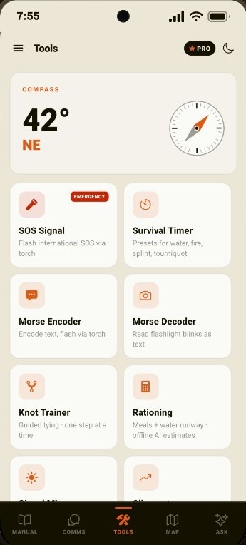 Tools screen with a live compass at 42 degrees NE and a grid of field instruments: SOS Signal, Survival Timer, Morse Encoder, Morse Decoder, Knot Trainer, and Rationing.