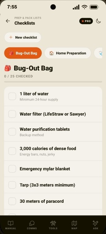 Prep and Pack Lists. Bug-Out Bag checklist with 0 of 25 checked, including 1 liter of water, a water filter, purification tablets, dense food, a mylar blanket, tarp, and paracord.