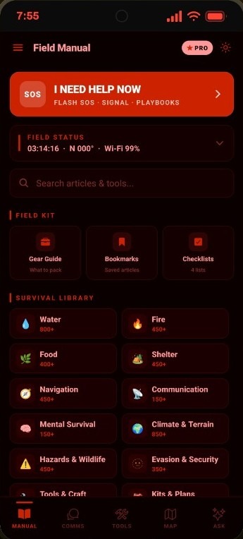 Field Manual in red-light mode. OLED black and red Home screen with SOS, Field Status, Field Kit, and Survival Library tiles, plus a sun icon to leave night mode.