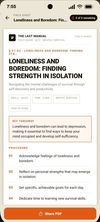 PDF field sheet for Loneliness and Boredom: Finding Strength in Isolation. Header, key takeaway, numbered procedure, and a Share PDF bar. Badge shows 2 of 2 remaining.